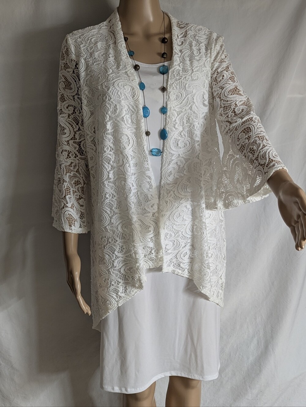 Ashley Blue White Lace Open Front Lace Jacket Attached To A White Dress Sz L